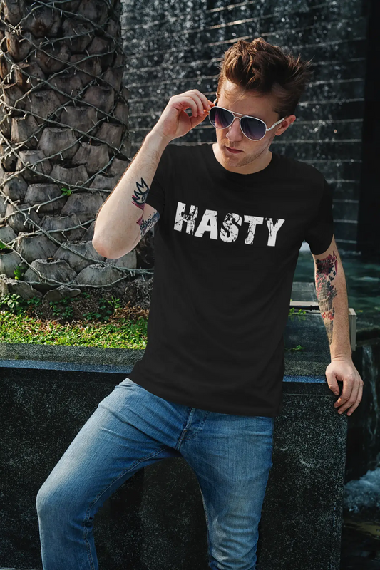 hasty Herren Kurzarm-T-Shirt mit Rundhalsausschnitt, 5 Buchstaben Schwarz, Wort 00006