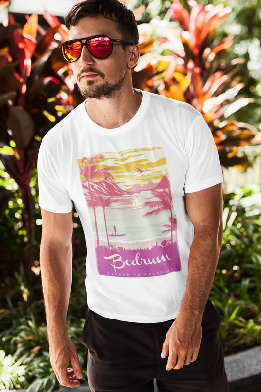 Bodrum, Flucht ins Paradies, Weiß, Herren-Kurzarm-Rundhals-T-Shirt 00281