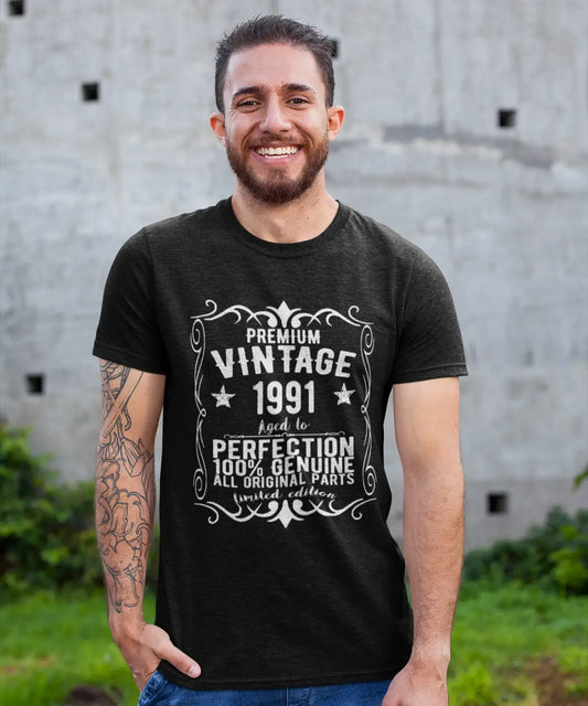 Premium Vintage Jahr 1991, Schwarz, Kurzarm-Rundhals-T-Shirt für Herren, Geschenk-T-Shirt 00347
