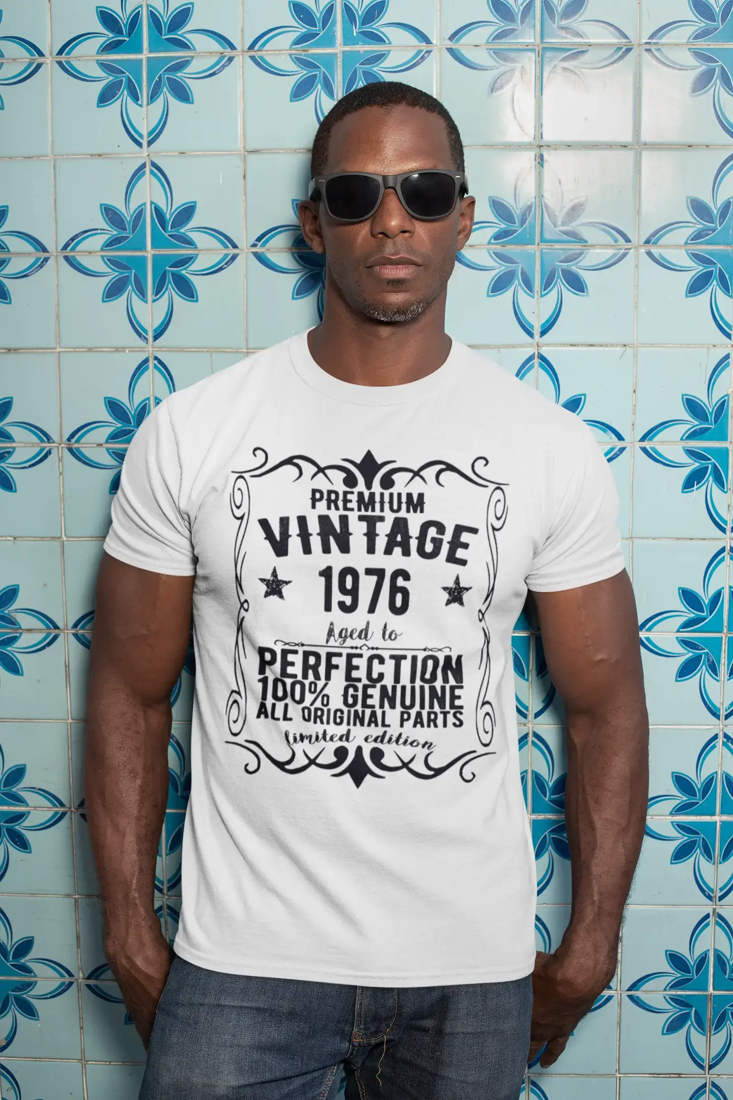 Premium Vintage Jahr 1976, Weiß, Kurzarm-Rundhals-T-Shirt für Herren, Geschenk-T-Shirt 00349