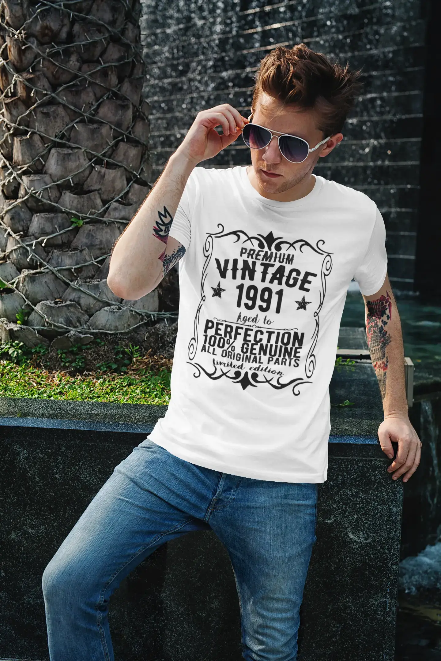 Premium Vintage Jahr 1991, Weiß, Kurzarm-Rundhals-T-Shirt für Herren, Geschenk-T-Shirt 00349