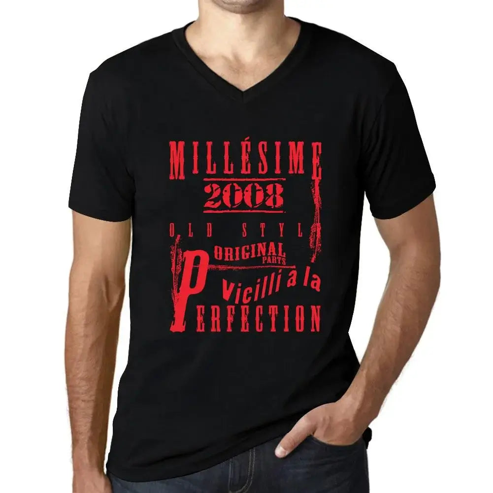 Men's Graphic T-Shirt V Neck Vintage Aged to Perfection 2008 – Millésime Vieilli à la Perfection 2008 – 16th Birthday Anniversary 16 Year Old Gift 2008 Vintage Eco-Friendly Short Sleeve Novelty Tee