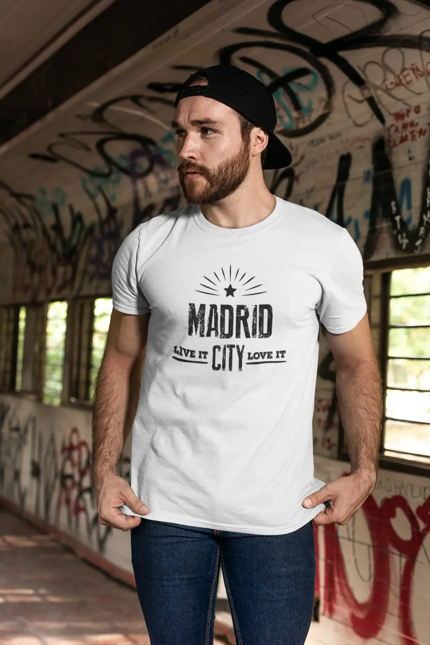 Herren Vintage T-Shirt Grafik T-Shirt Live It Love It MADRID Weiß Rundhalsausschnitt