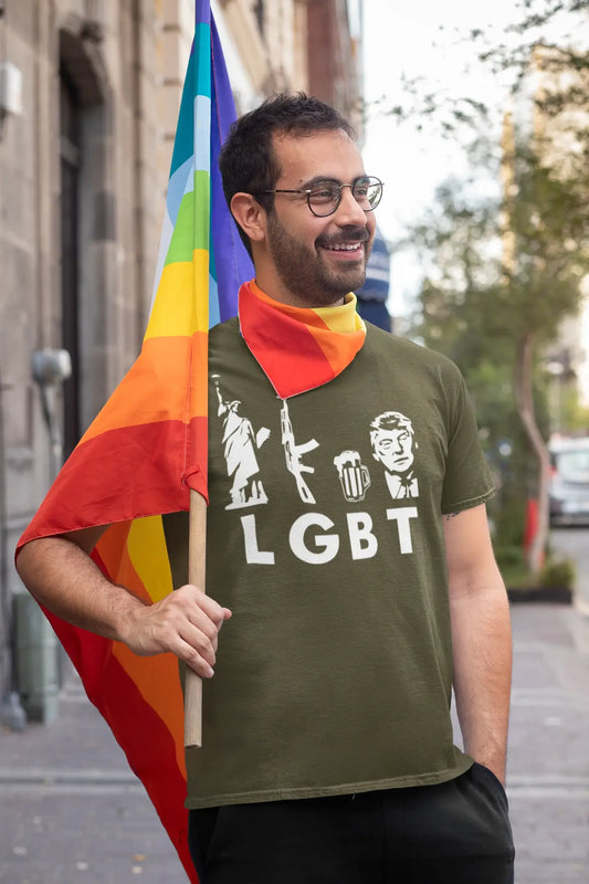 Men's Graphic T-Shirt LGBT Liberty Guns Beer Military Green