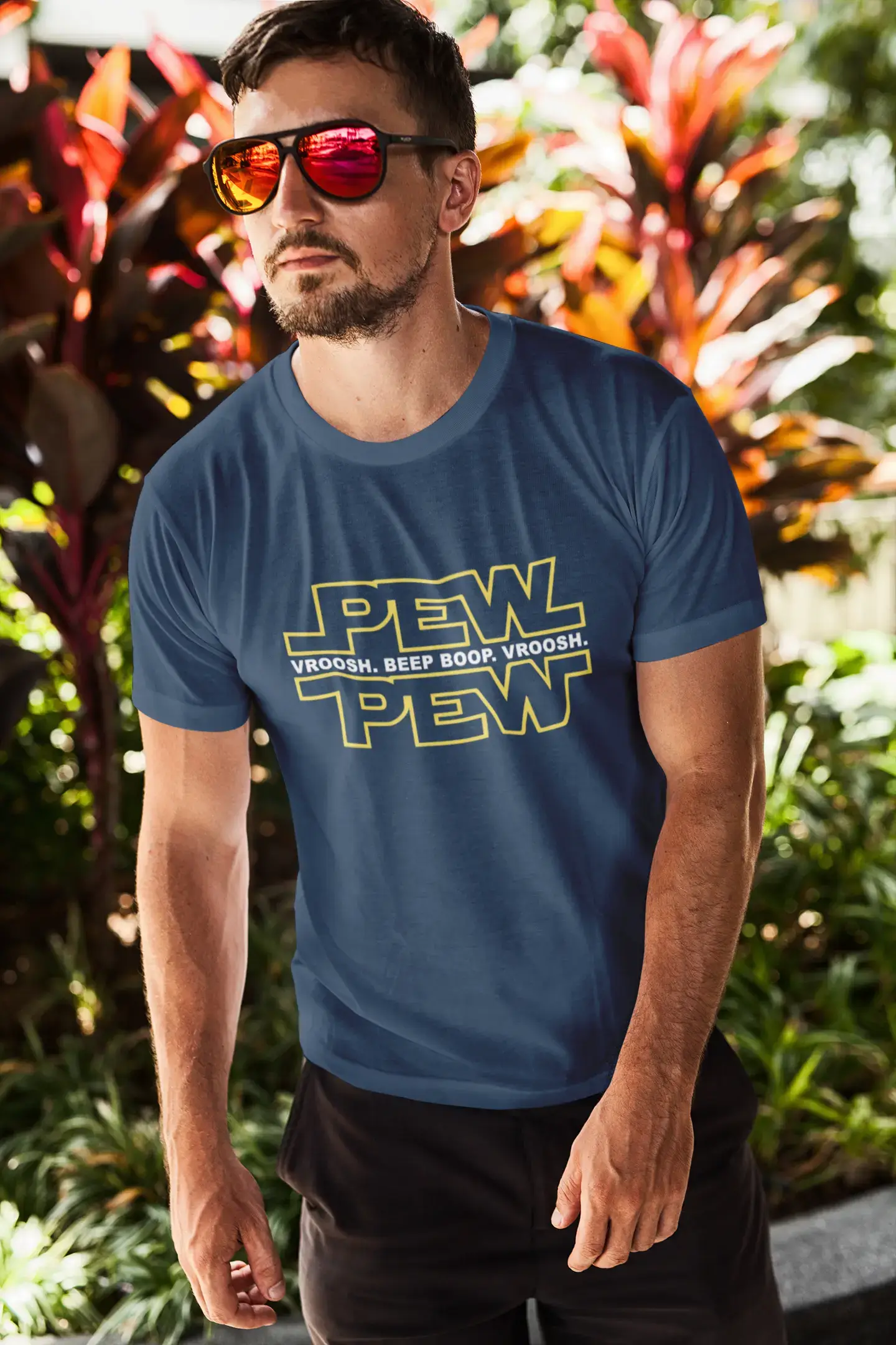Graphic Men's Pew Pew T-Shirt Lemon Letter Print Tee Navy