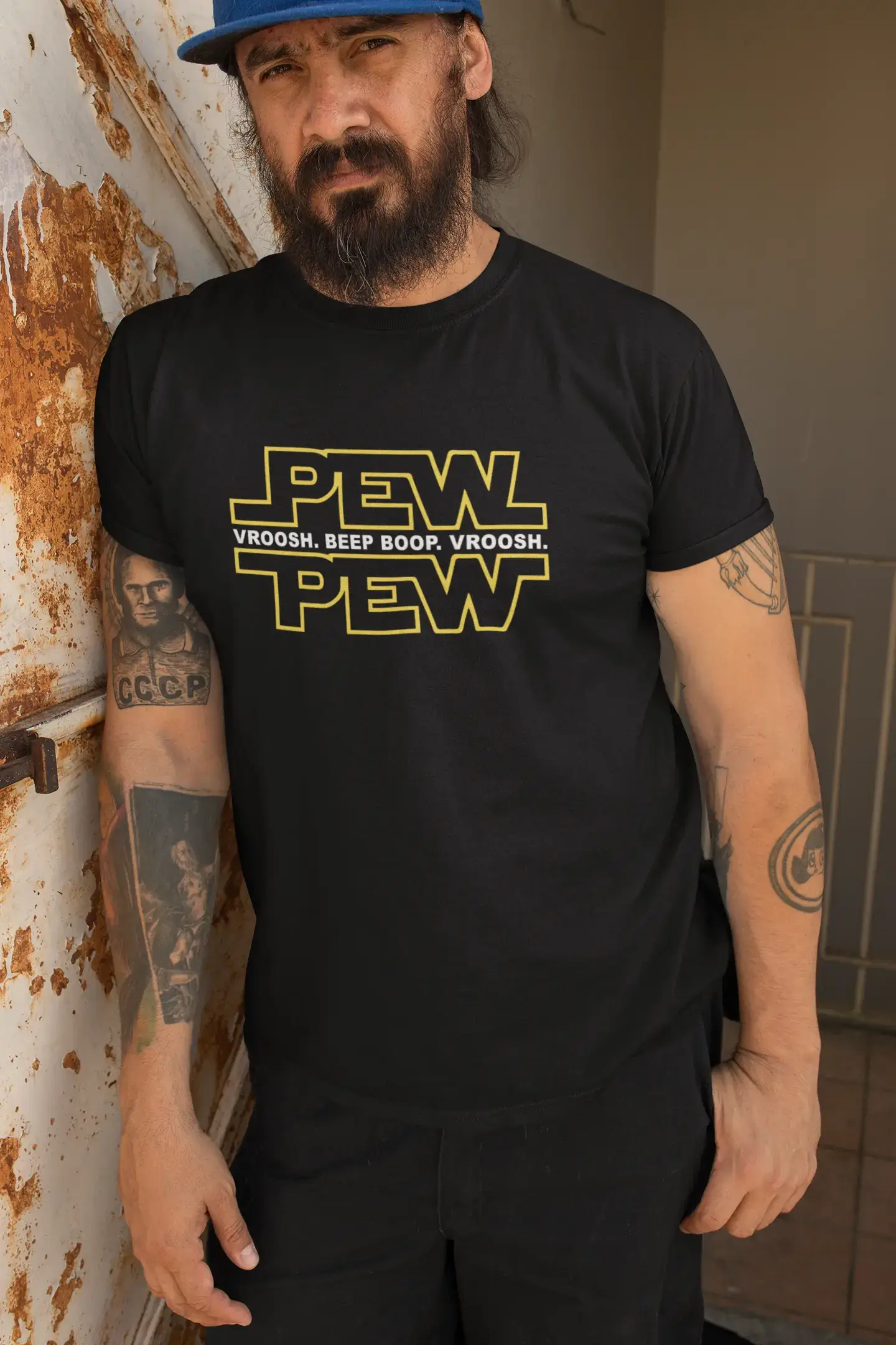 Graphic Men's Pew Pew T-Shirt Lemon Letter Print Tee Deep Black