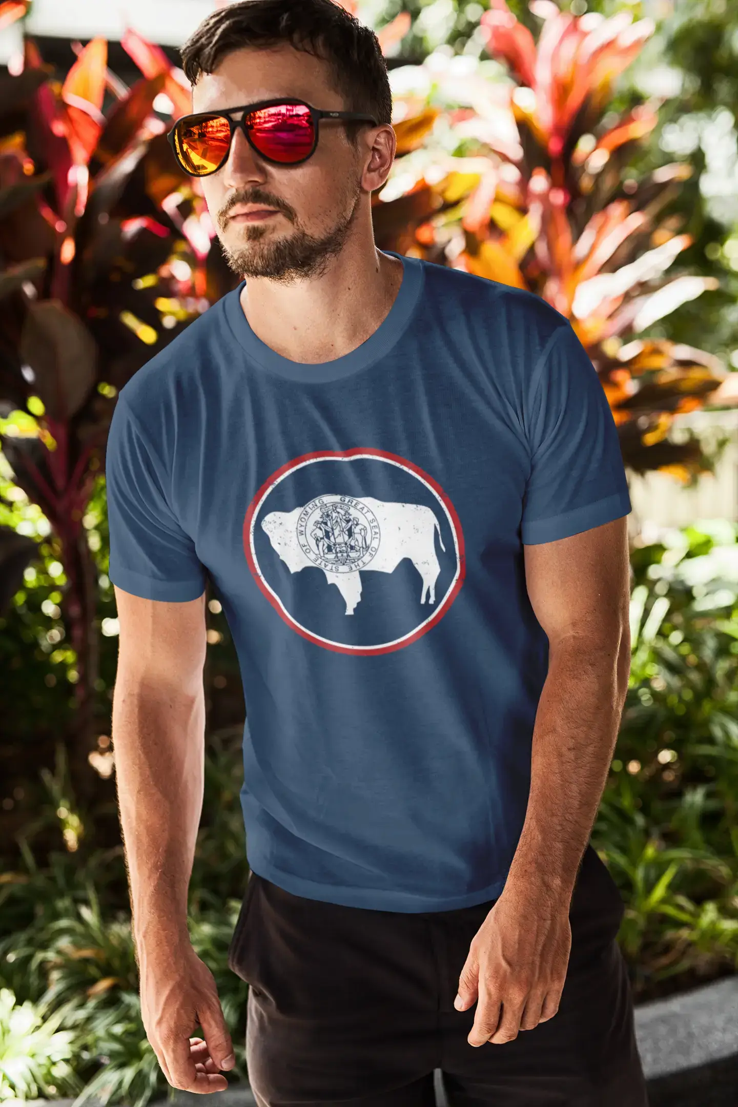 Graphic Men's Wyoming Flag T-Shirts White Print Tee Navy