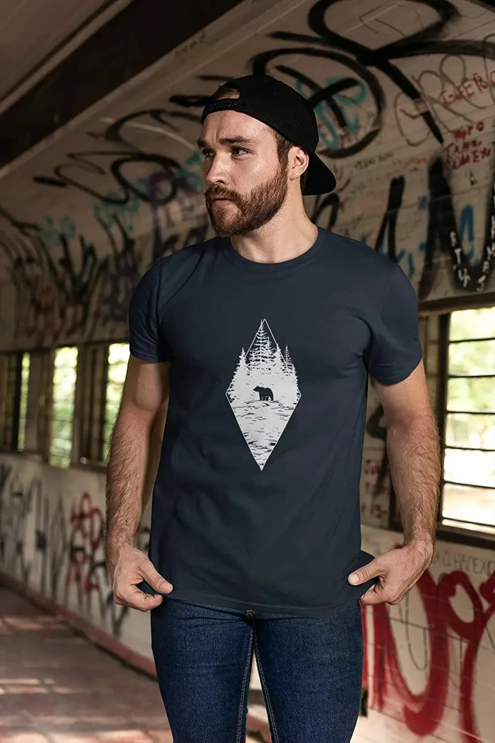 ULTRABASIC - Graphic Printed Men's Forest Bear T-Shirt Grey Marl