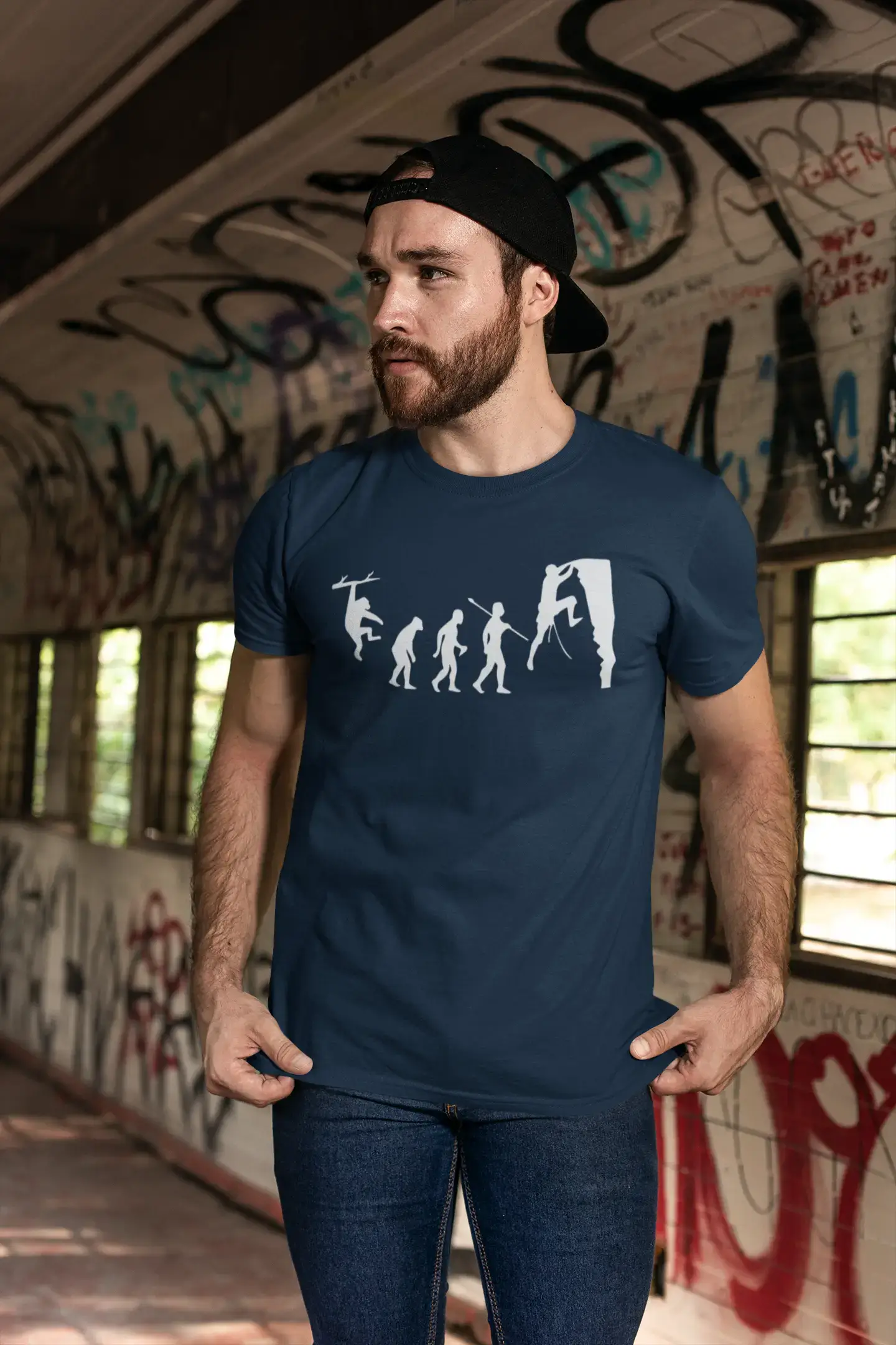 ULTRABASIC - Graphic Printed Men's Climbing Evolution T-Shirt Denim