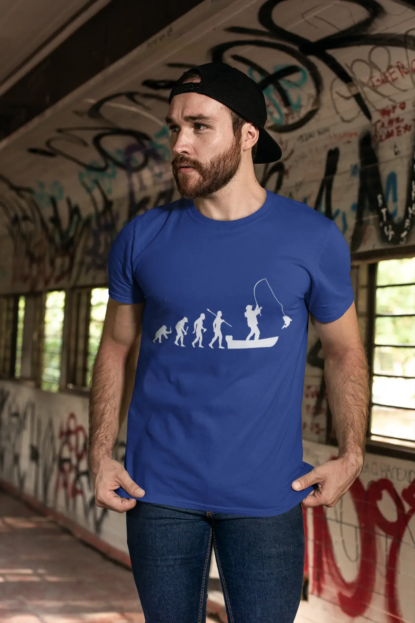 ULTRABASIC - Graphic Printed Men's Evolution of the Fishing Boat T-Shirt Deep Black