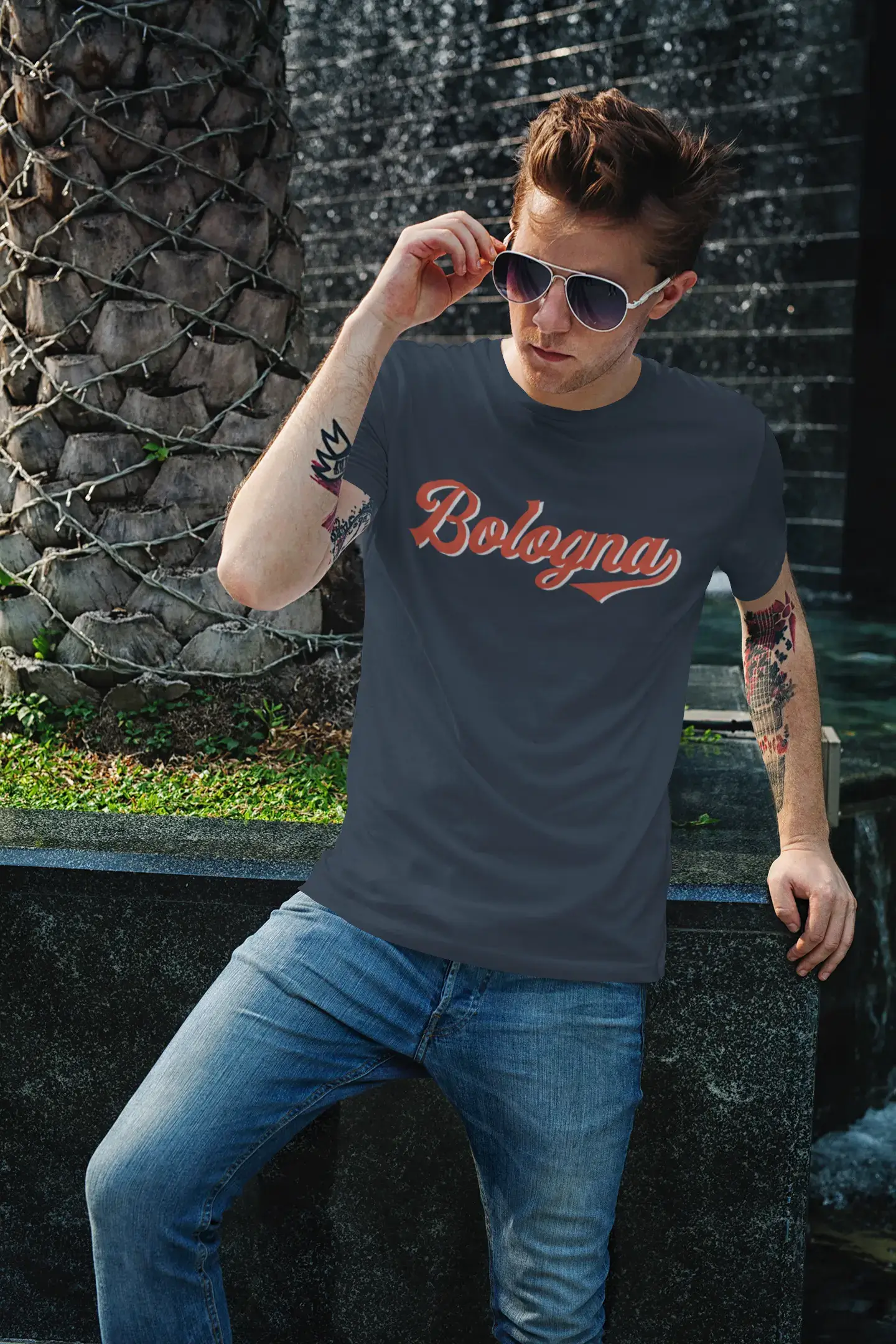 ULTRABASIC - Graphic Men's Bologna T-Shirt Printed Letters French Navy