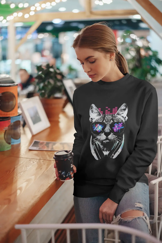 ULTRABASIC Damen Sweatshirt Music Cat DJ – Kätzchen Lustiger Pullover für Damen