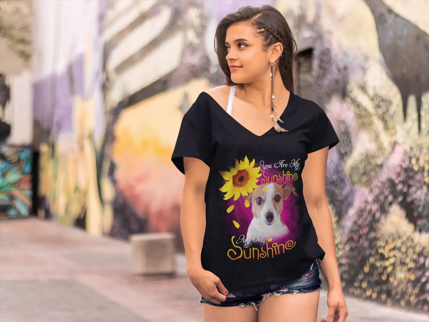 ULTRABASIC Damen-T-Shirt mit V-Ausschnitt My Only Sunshine – Jack Russell Terrier