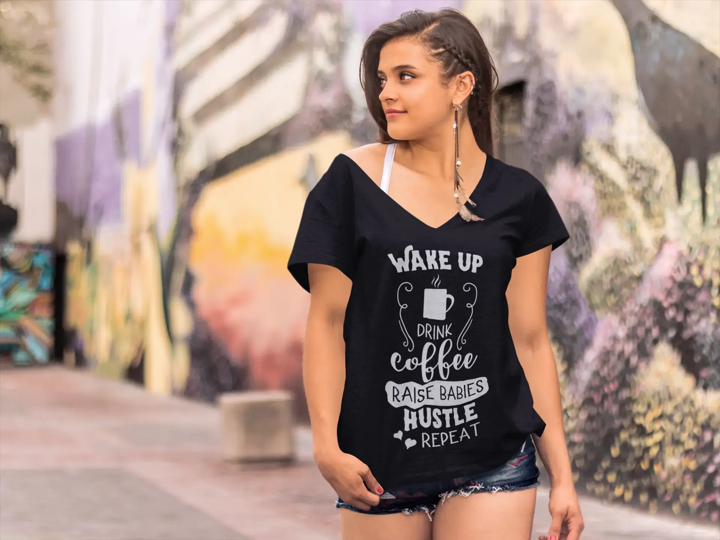 ULTRABASIC Women's T-Shirt Wake Up Drink Coffee Raise Babies Hustle Repeat Tee Shirt