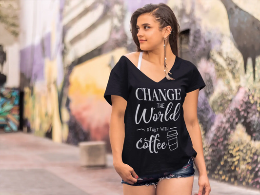 ULTRABASIC Damen-T-Shirt „Change the World Start With Coffee“ – Kurzarm-T-Shirt-Oberteile