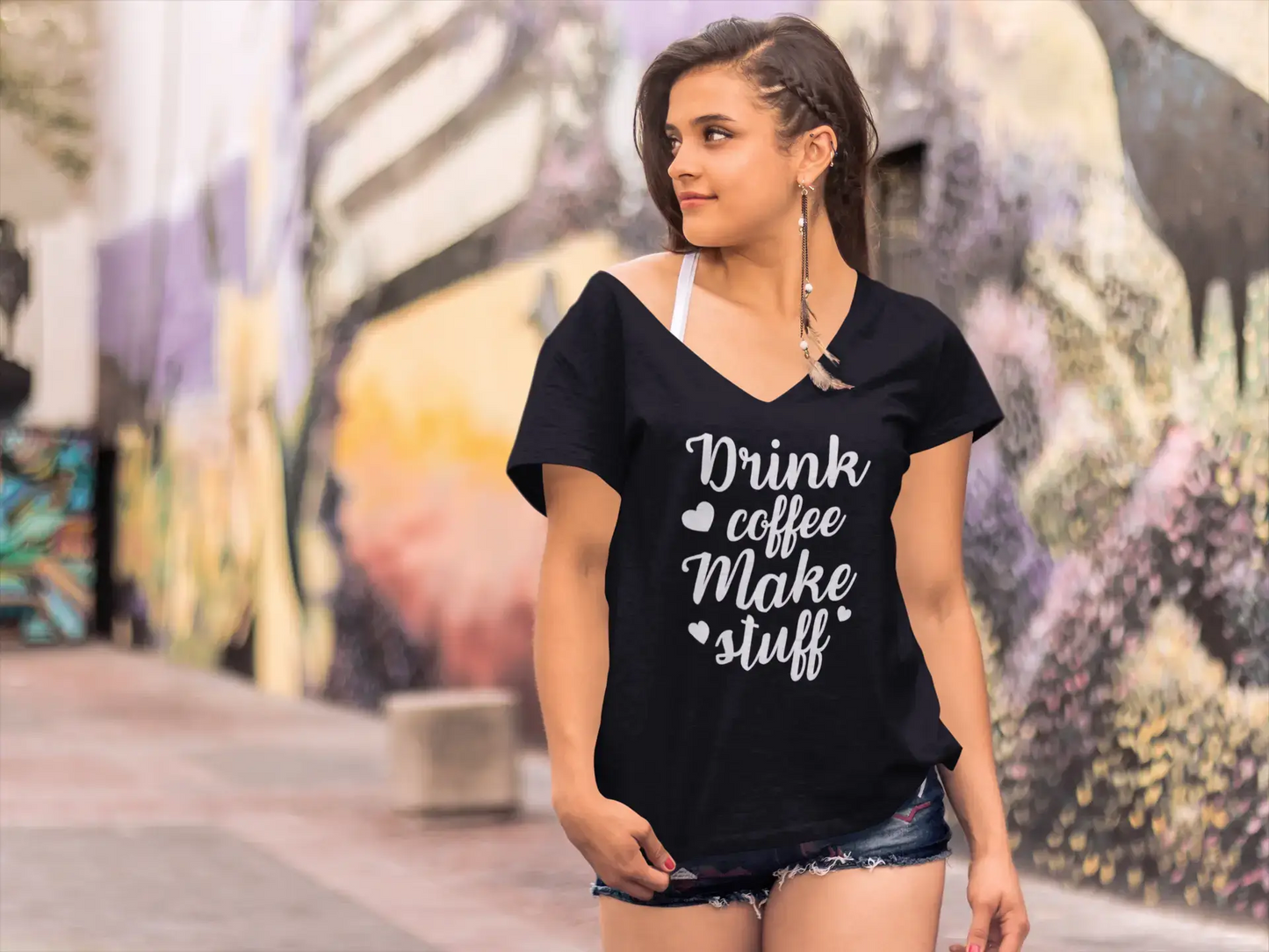 ULTRABASIC Damen-T-Shirt „Drink Coffee Make Stuff“ – kurzärmeliges T-Shirt