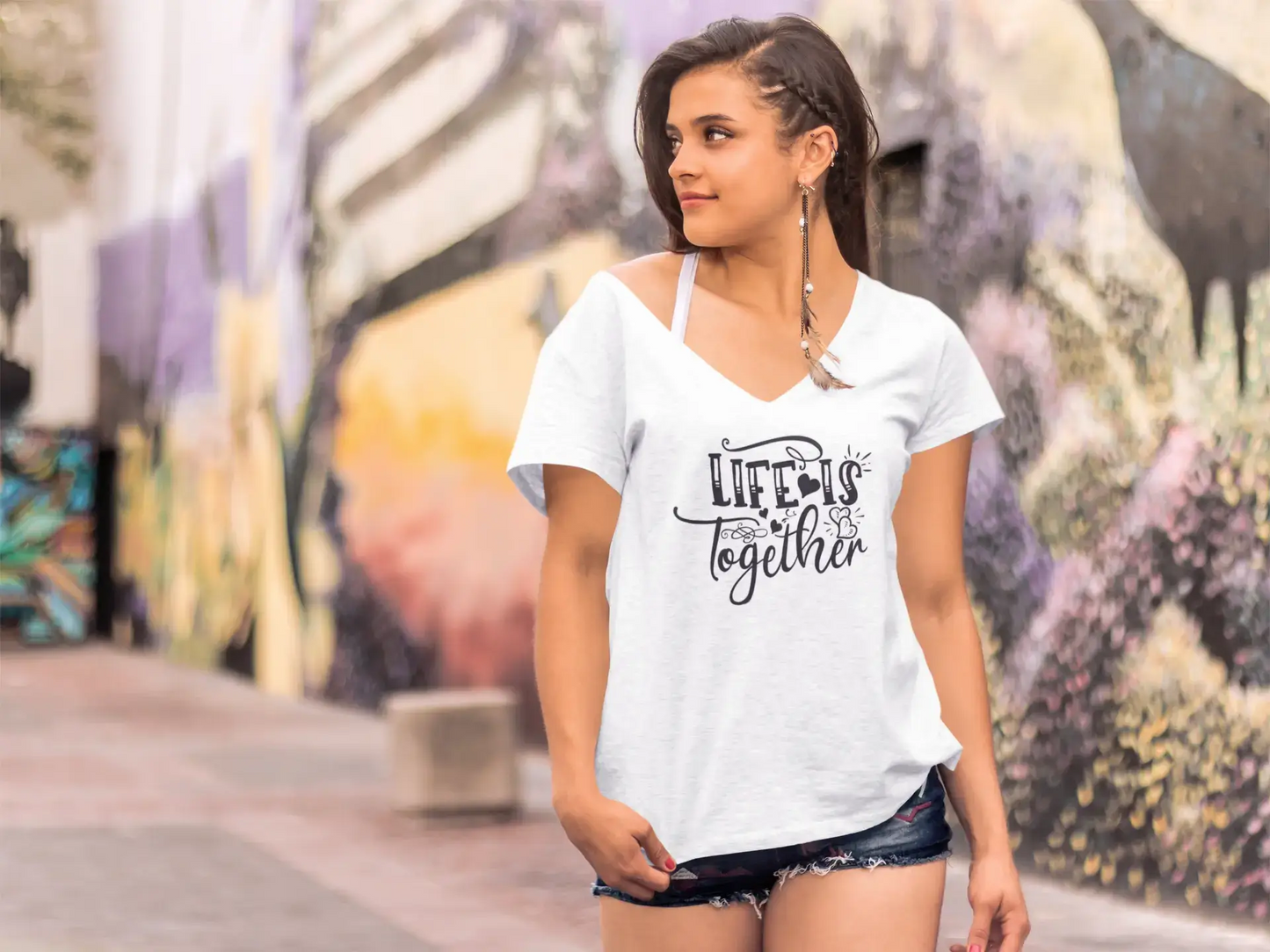 ULTRABASIC Damen T-Shirt Life Is Together – Kurzarm-T-Shirt-Oberteile