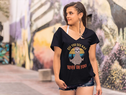 ULTRABASIC Women's V-Neck T-Shirt Yoga Retro Sloth - Funny Spiritual Meditation Tee Shirt
