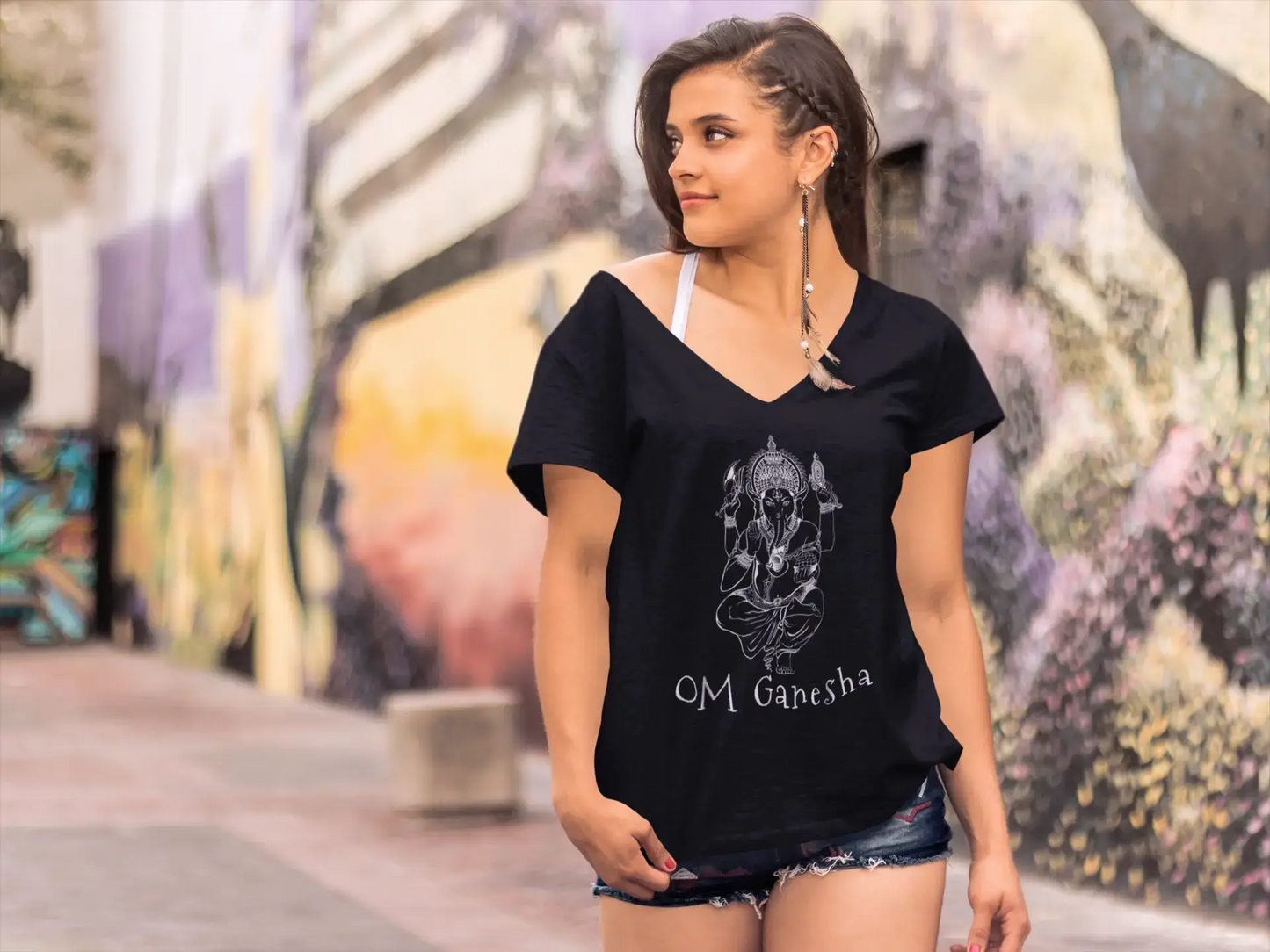 ULTRABASIC Damen-T-Shirt mit V-Ausschnitt, Ganesha, Hindu-Gott – spirituelle Meditation, Yoga-Liebhaber, Geschenk