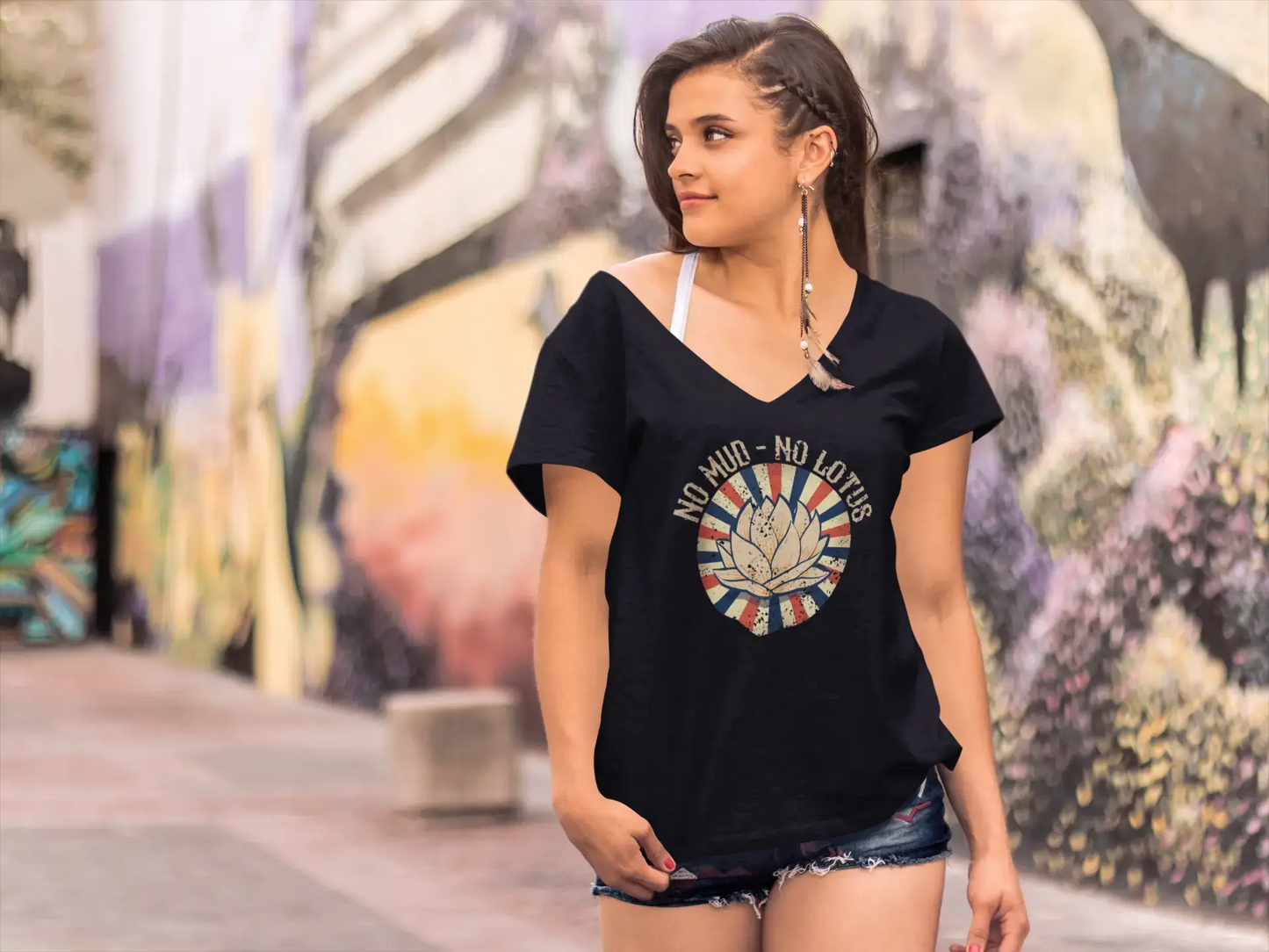 ULTRABASIC Damen V-Ausschnitt No Mud No Lotus – Yoga Peace T-Shirt