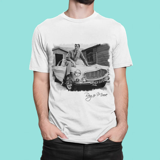 Roger Moore Car, Weiß, Herren-Kurzarm-Rundhals-T-Shirt, Geschenk-T-Shirt 00295