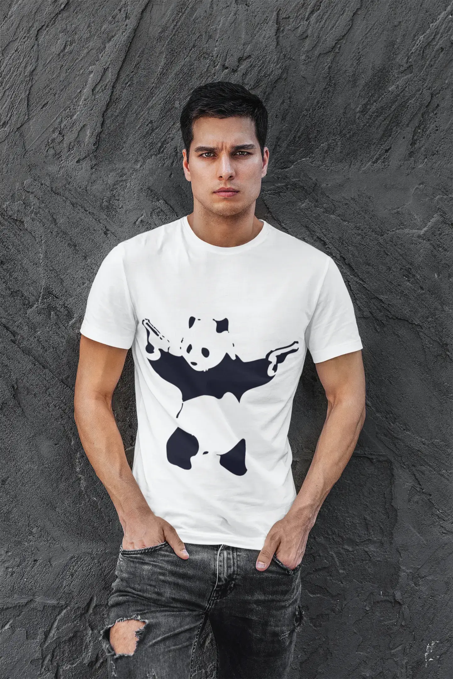 Panda schießendes Herren-T-Shirt, Weiß, 100 % Baumwolle, Rundhalsausschnitt 00164