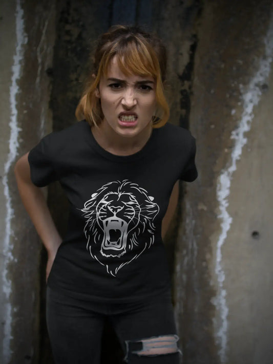 Angry Lion Head Tattoo Schwarz Geschenk T-Shirt, Schwarzes Damen T-Shirt 00165