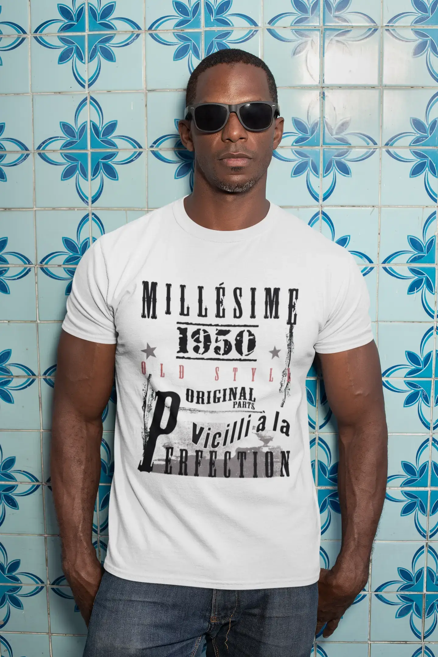 1950, Geburtstagsgeschenke für ihn, Geburtstags-T-Shirts, Herren-Kurzarm-Rundhals-T-Shirt, FR Vintage White Herren 00135