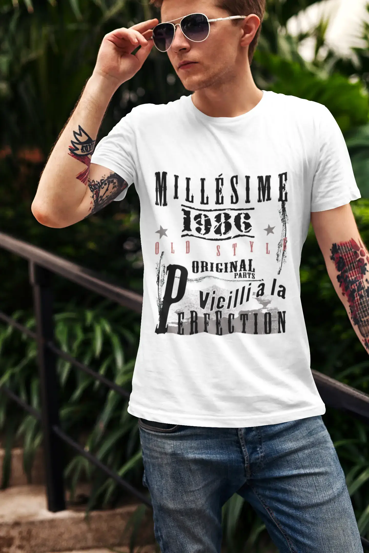 1986, Geburtstagsgeschenke für ihn, Geburtstags-T-Shirts, Herren-Kurzarm-Rundhals-T-Shirt, FR Vintage White Herren 00135
