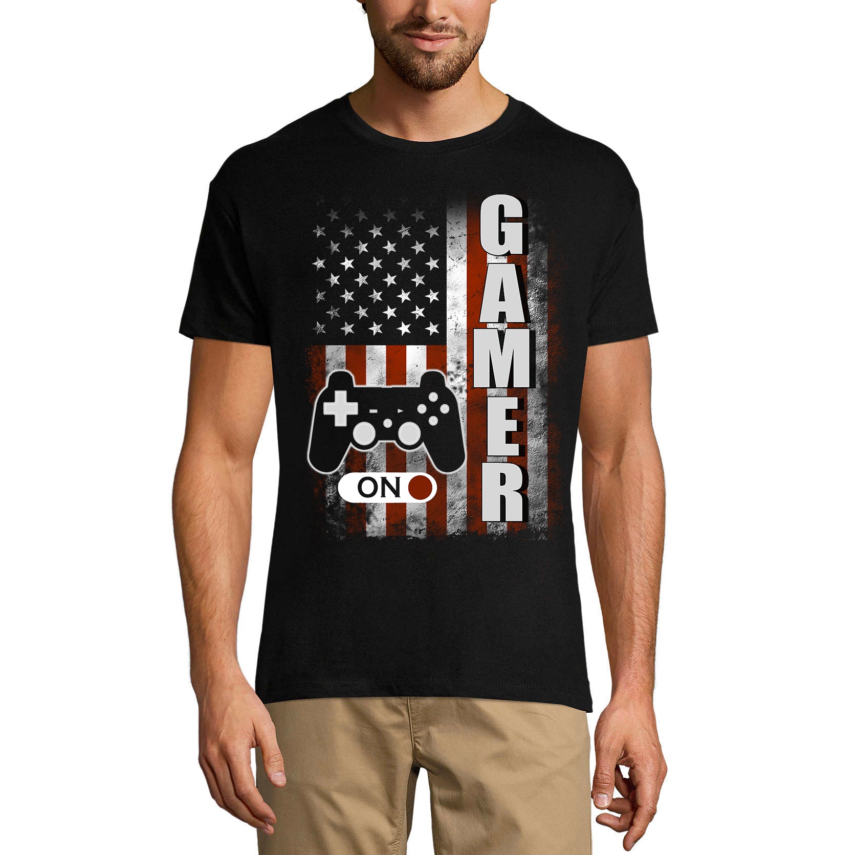 ULTRABASIC Men's T-Shirt Gamer Mode On US Flag Patriotic - Gaming Shirt for Player mode on level up dad gamer i paused my game alien player ufo playstation tee shirt clothes gaming apparel gifts super mario nintendo call of duty graphic tshirt video game funny geek gift for the gamer fortnite pubg humor son father birthday