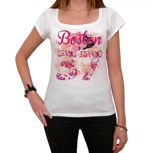37 Boston City With Number Womens Short Sleeve Round White T-Shirt 00008 - Casual
