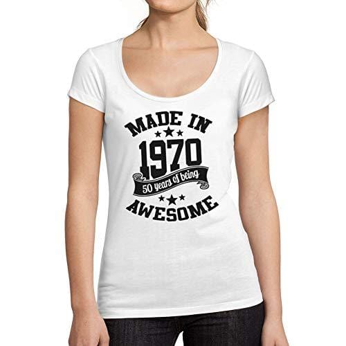 Ultrabasic - Tee-Shirt Femme Col Rond Décolleté Made in 1970 Idée Cadeau T-Shirt pour Le 50e Anniversaire Blanc