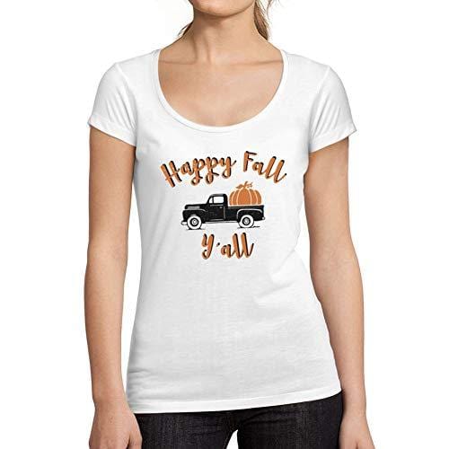 Ultrabasic - Tee-Shirt Femme col Rond Décolleté Happy Fall Y'all Pumpkin Truck Blanc