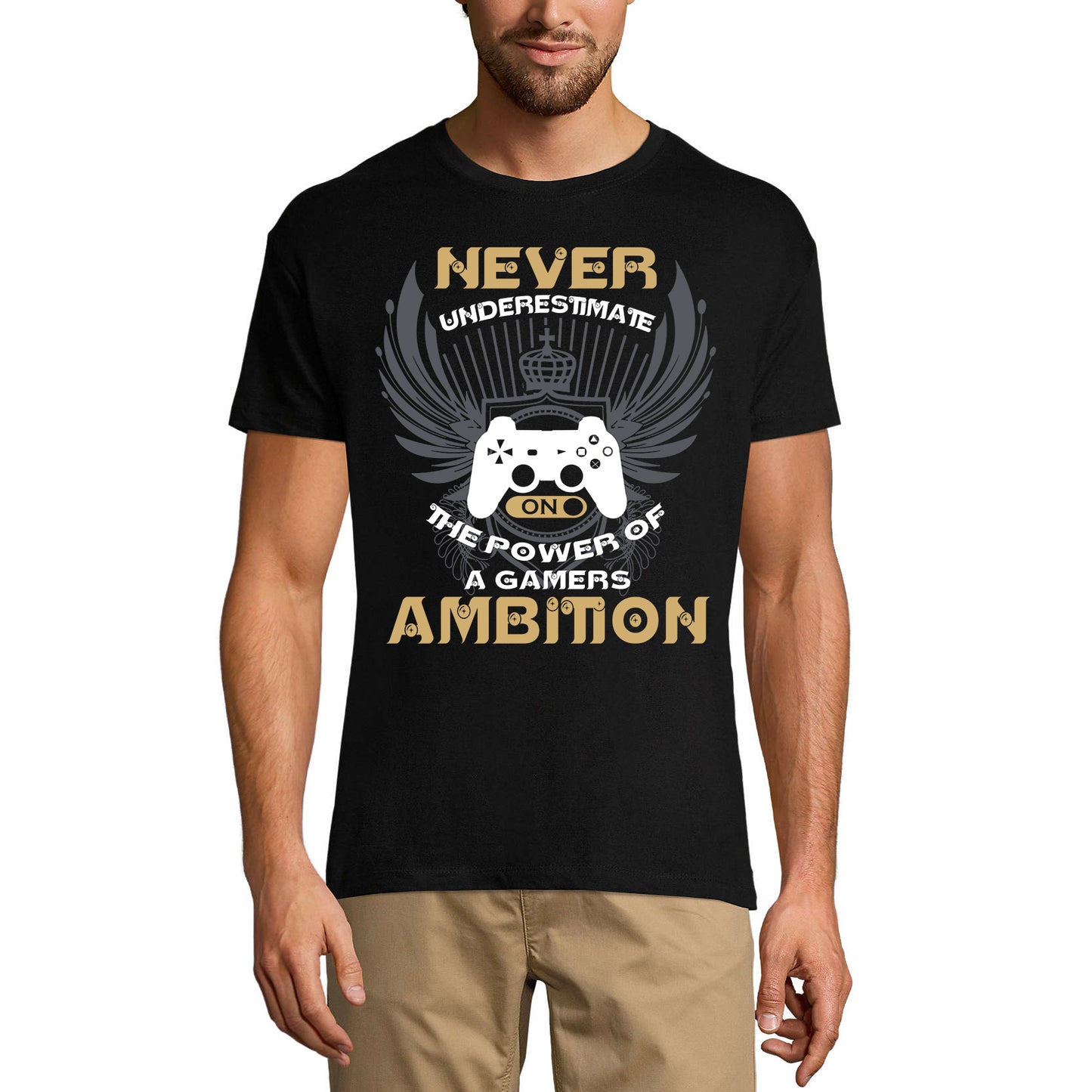 ULTRABASIC Men's T-Shirt Never Underestimate Power of a Gamers Ambition Shirt mode on level up dad gamer i paused my game alien player ufo playstation tee shirt clothes gaming apparel gifts super mario nintendo call of duty graphic tshirt video game funny geek gift for the gamer fortnite pubg humor son father birthday
