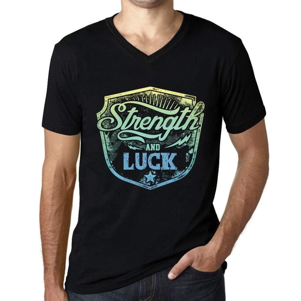 Herren T-Shirt Graphique Imprimé Vintage Col V Tee Strength and Luck Noir Profond