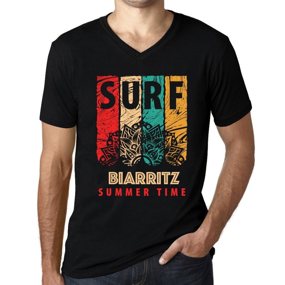Men&rsquo;s Graphic T-Shirt V Neck Surf Summer Time BIARRITZ Deep Black - Ultrabasic