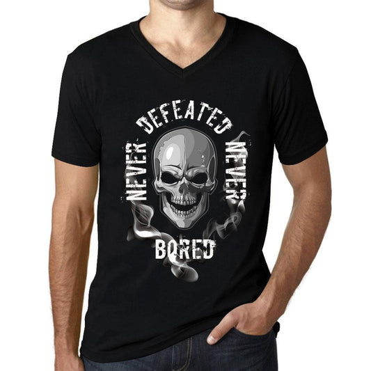Men&rsquo;s Graphic V-Neck T-Shirt Never Defeated, Never BORED Deep Black - Ultrabasic