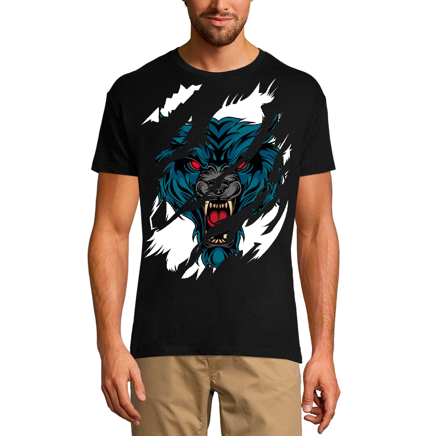 ULTRABASIC Herren zerrissenes T-Shirt Angry Wolf – Rote Augen – Kurzarmshirt