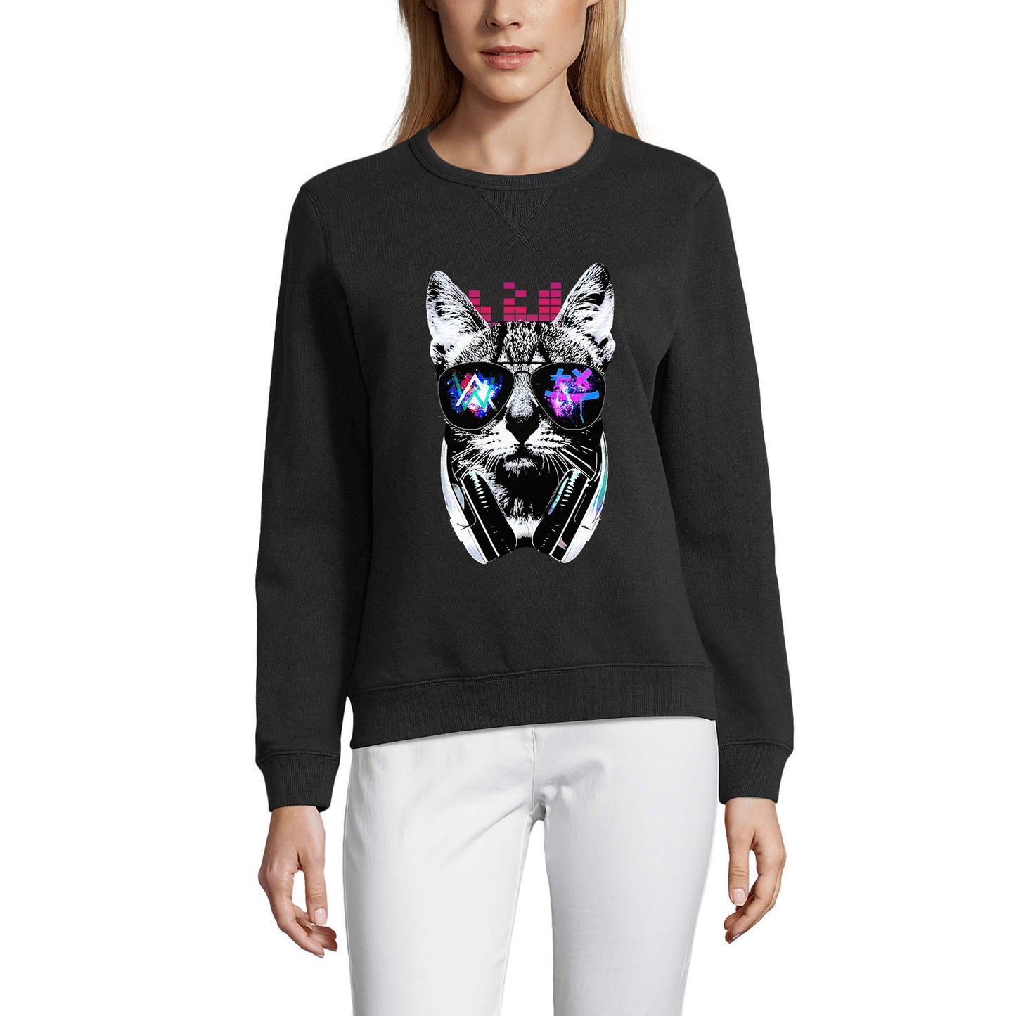 ULTRABASIC Damen Sweatshirt Music Cat DJ – Kätzchen Lustiger Pullover für Damen