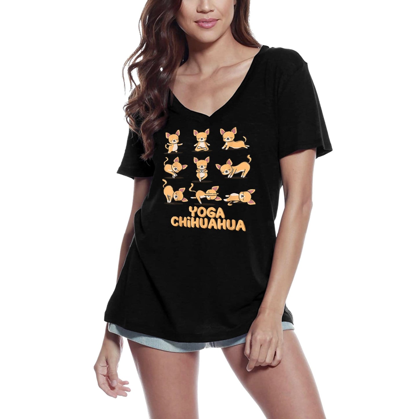 ULTRABASIC Women's V-Neck T-Shirt Yoga Chihuahua - Spiritual Meditation Tee Shirt