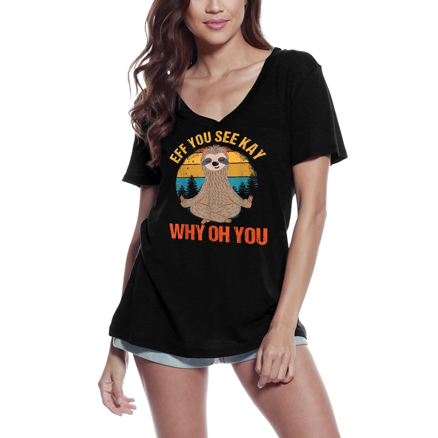 ULTRABASIC Women's V-Neck T-Shirt Yoga Retro Sloth - Funny Spiritual Meditation Tee Shirt