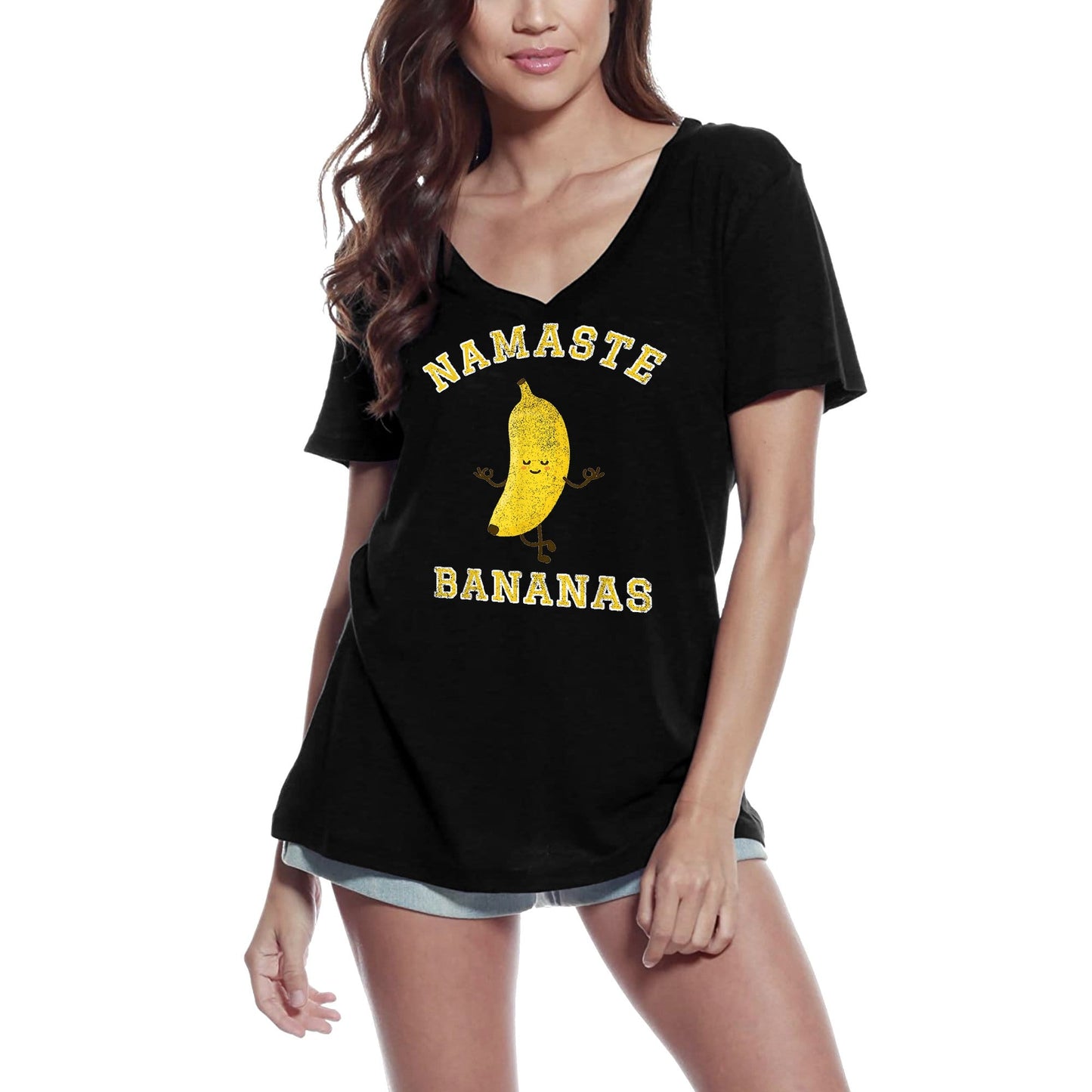 ULTRABASIC Damen-T-Shirt mit V-Ausschnitt Namaste Bananas – lustige Yoga-Pose – spirituelles Meditations-T-Shirt