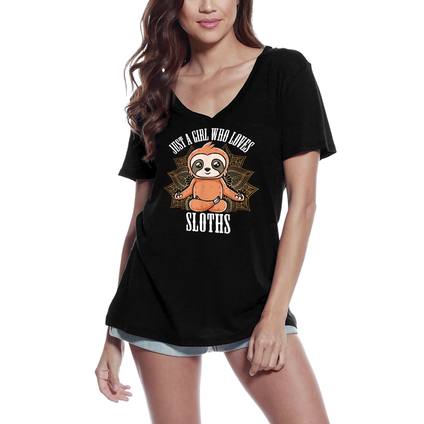 ULTRABASIC Damen-T-Shirt mit V-Ausschnitt. Nur ein Mädchen, das Faultiere liebt – lustiges Yoga-Meditations-Geschenk-T-Shirt