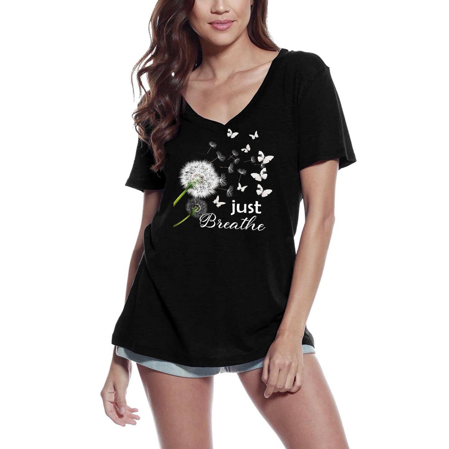 ULTRABASIC Damen-T-Shirt mit V-Ausschnitt Just Breathe Dandelion – Lustiges Yoga-Meditations-Geschenk-T-Shirt