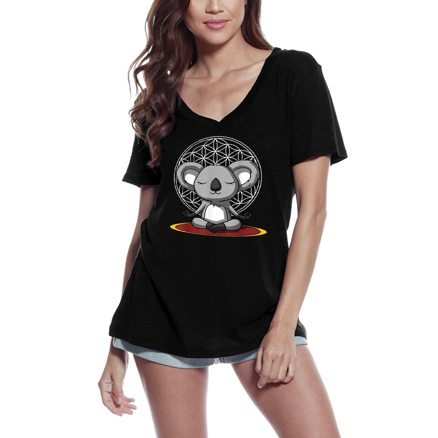 ULTRABASIC Damen-T-Shirt mit V-Ausschnitt, Koalabär Zen – lustiges Yoga-Meditations-Tierliebhaber-Geschenk-T-Shirt