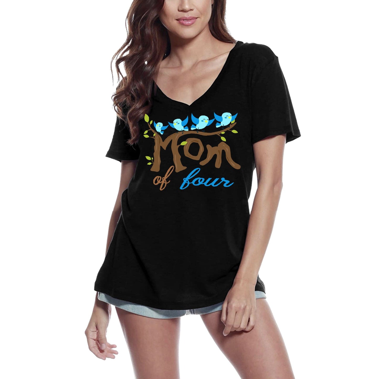 ULTRABASIC Damen-T-Shirt „Mom of Four – Lustige Vögel“, kurzärmeliges T-Shirt
