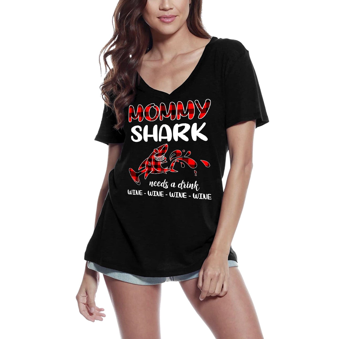 ULTRABASIC Damen T-Shirt Mommy Shark Needs a Drink Wine – Lustiges T-Shirt