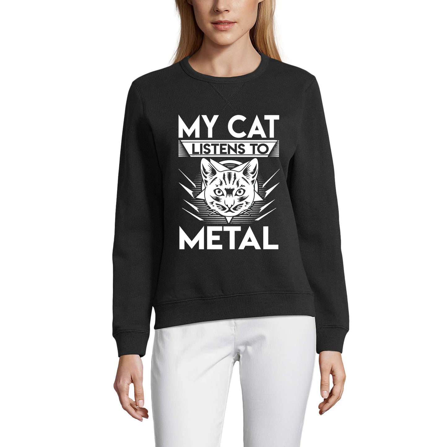 ULTRABASIC Damen-Sweatshirt „My Cat Listens To Metal“ – Katzenliebhaber – Metalhead