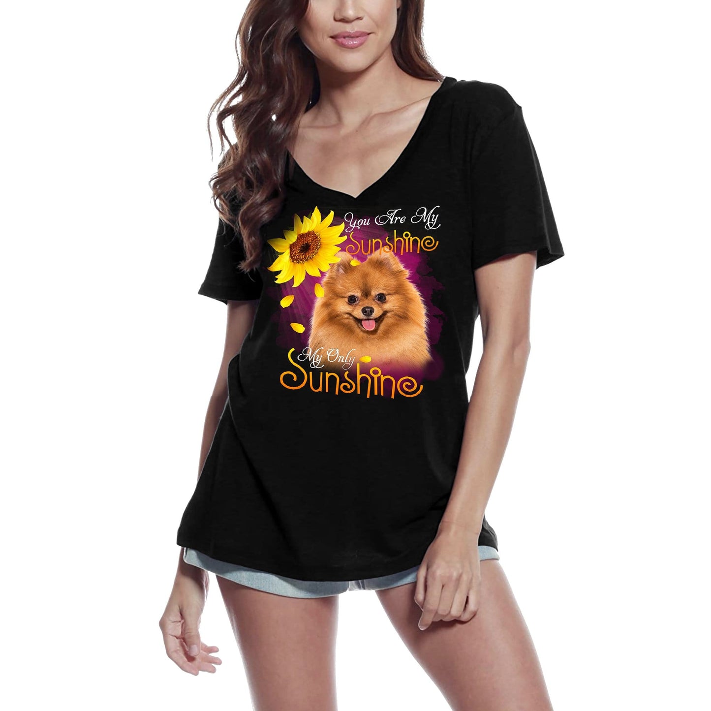 ULTRABASIC Damen-T-Shirt mit V-Ausschnitt My Only Sunshine – Pomeranian – Vintage-Shirt