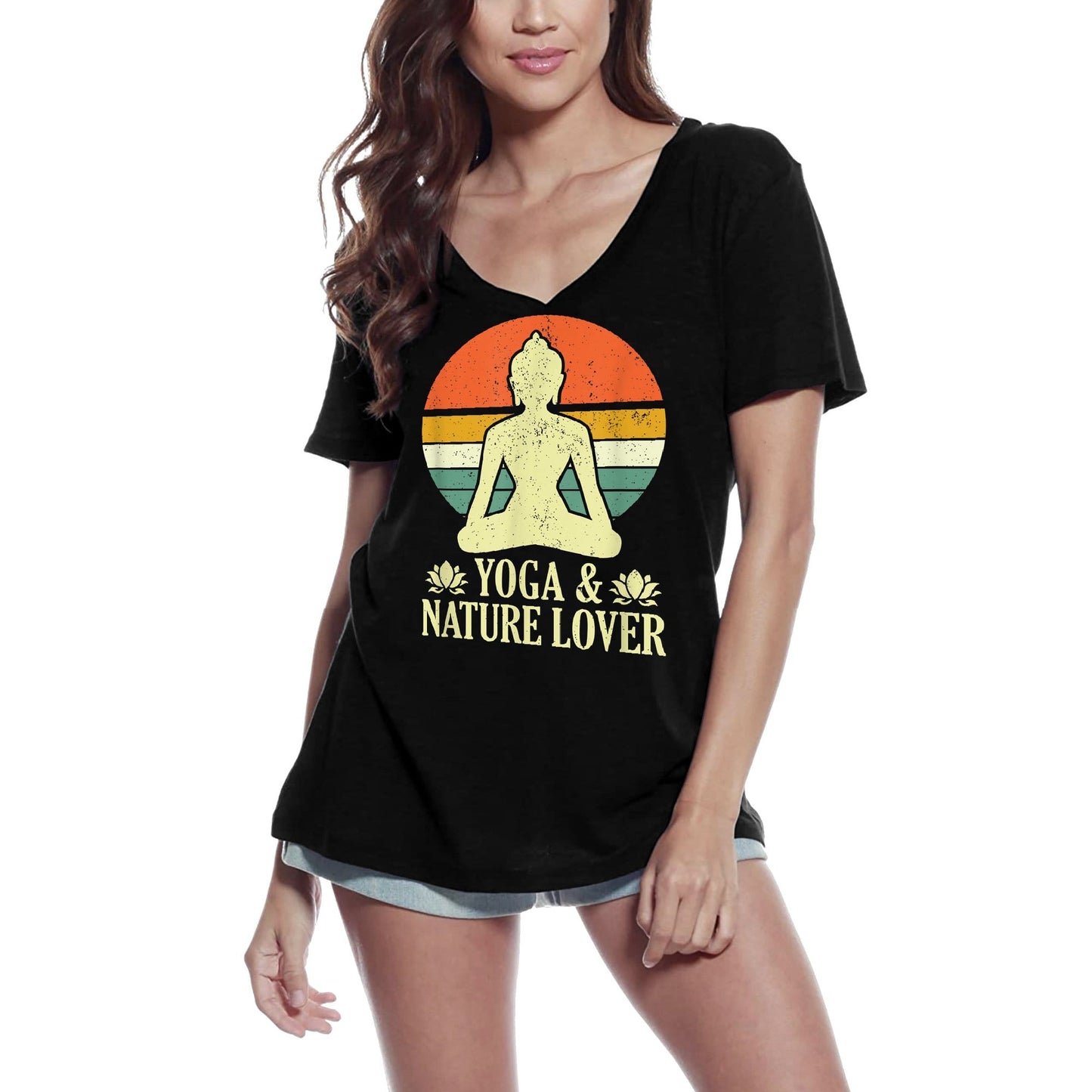 ULTRABASIC Damen-T-Shirt mit V-Ausschnitt, Retro-Budha-Yoga und Naturliebhaber – lustiges Yoga-Friedens-T-Shirt
